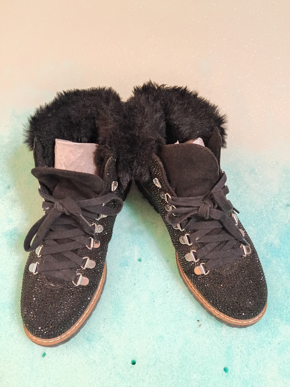INC International Concepts Black Sparkle Faux-Fur Lace-Up Winter Boots